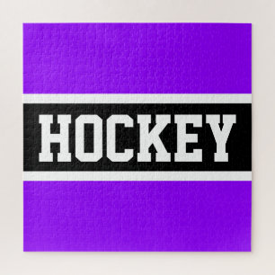 Bright Purple Black Athletic Stripes HOCKEY Text Jigsaw Puzzle