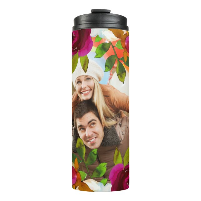 Bright Purple Boho Floral and Feathers with Photo Thermal Tumbler (Front)