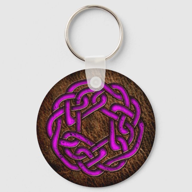 Bright purple celtic ornament on leather key ring (Front)