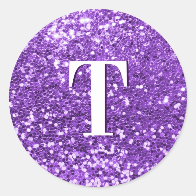 Bright Purple Chunky Glitter Monogrammed Classic Round Sticker (Front)