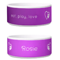 Bright Purple Eat Play Love Custom Dog Name Bowl