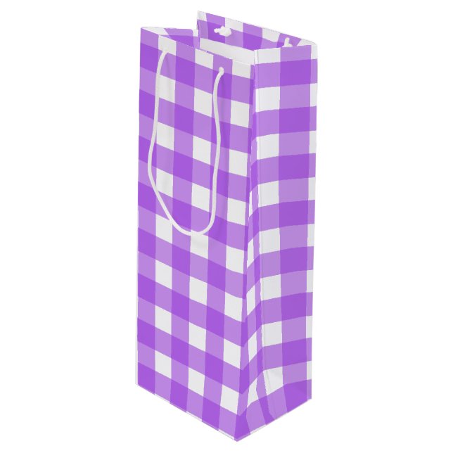 Bright purple gingham wine gift bag (Front Angled)