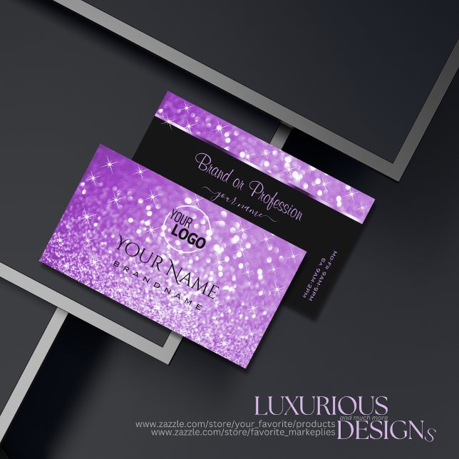 Bright Purple Glitter Sparkling Stars add Logo  Business Card (Creator Uploaded)