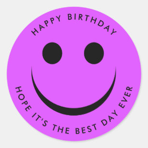 Bright Purple Happy Face Birthday Classic Round Sticker