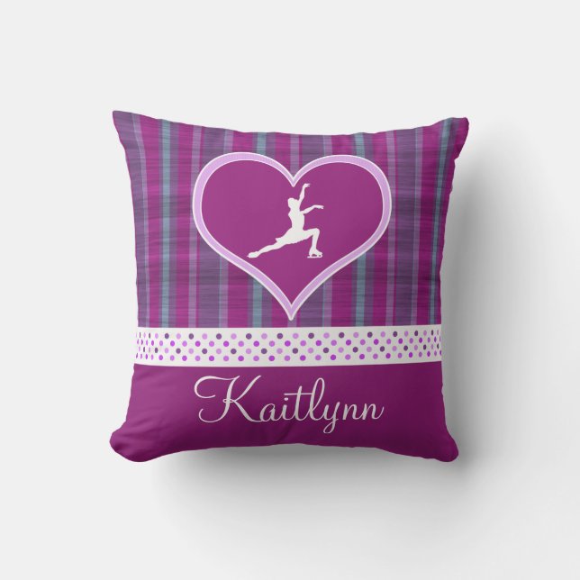 Bright Purple Heart and Aqua Stripes Figure Skater Cushion (Front)