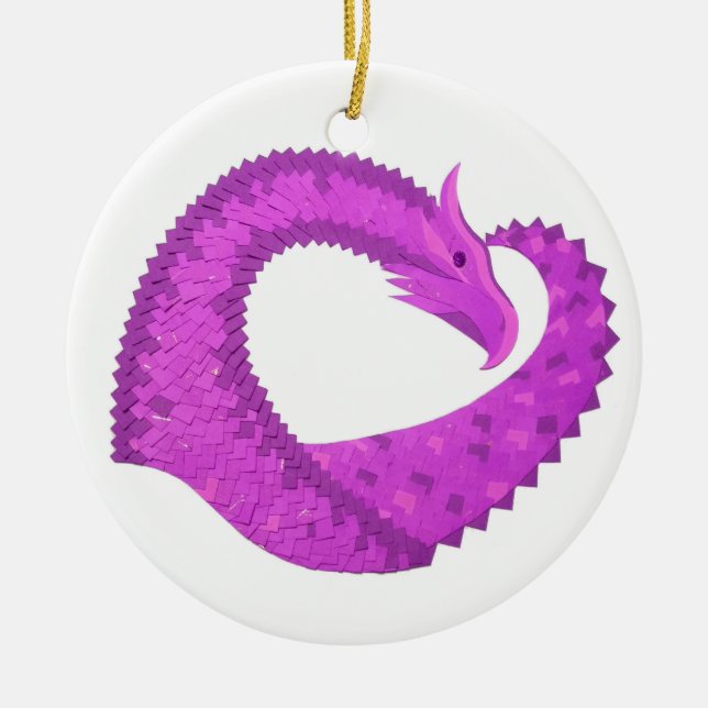 Bright purple heart dragon on white ceramic tree decoration (Front)