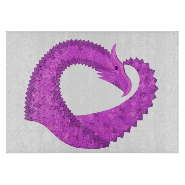 Bright purple heart dragon on white cutting board (Front)