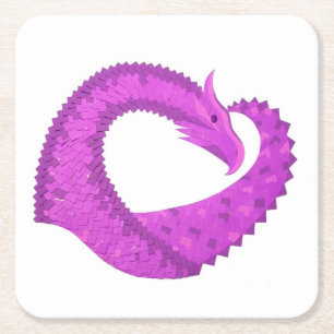Bright purple heart dragon on white square paper coaster