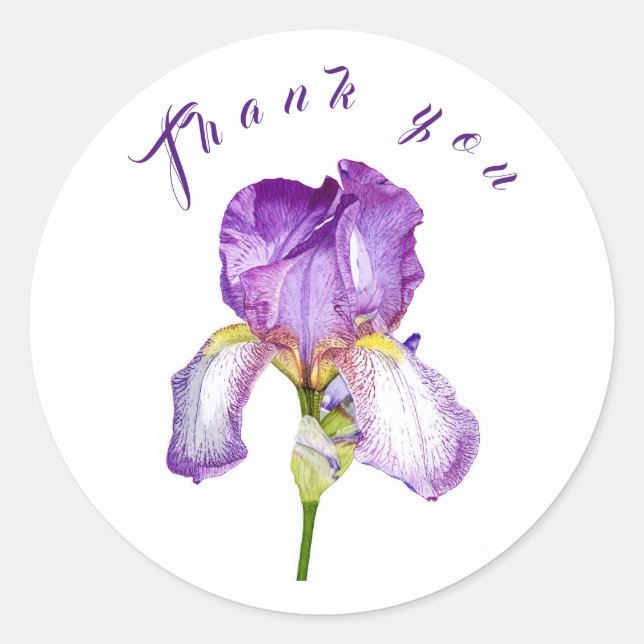 Bright Purple Iris Botanical Art Thank You Sticker (Front)