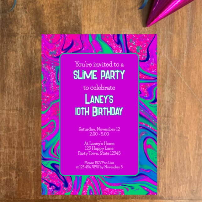 Bright Purple Pink Glitter Birthday Slime Party Invitation (Custom cool groovy wavy purple pink slime birthday party invitation template. Sparkle girly party
)
