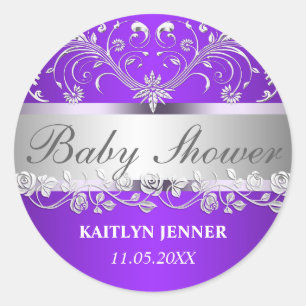 Bright Purple Silver Flourish Floral Baby Shower Classic Round Sticker
