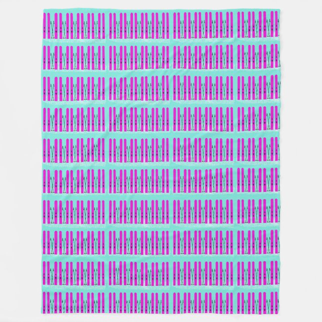 Bright purple skis on blue blanket (Front)