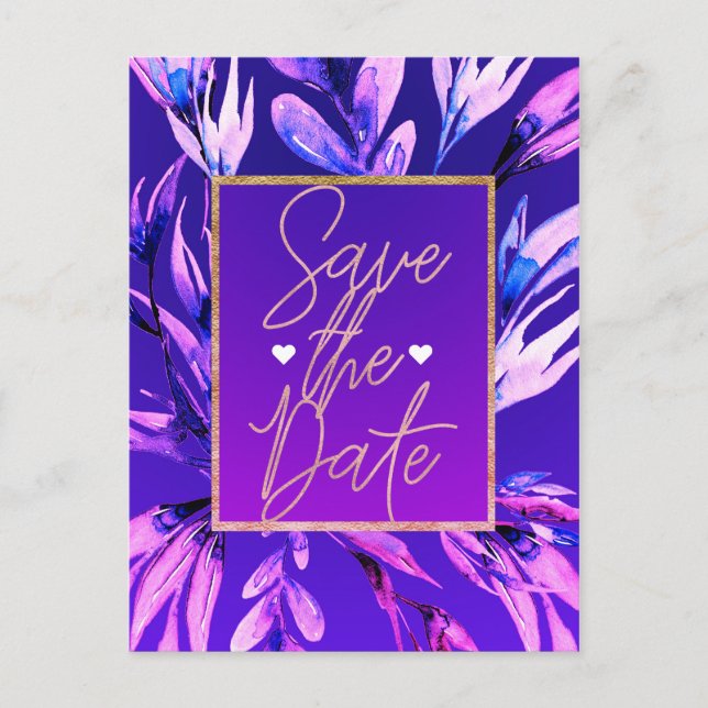 Bright Purple Watercolor Botanical Save the Date Announcement Postcard (Front)