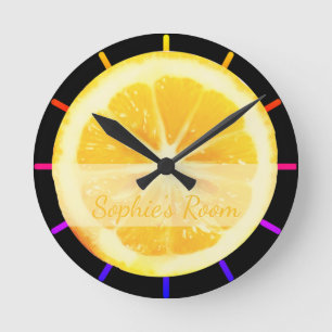 BRIGHT QUIRKY COLORFUL LEMON CITRUS FRUIT SLICED ROUND CLOCK