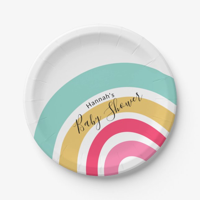 Bright Rainbow Baby Shower with Name Paper Plate (Front)