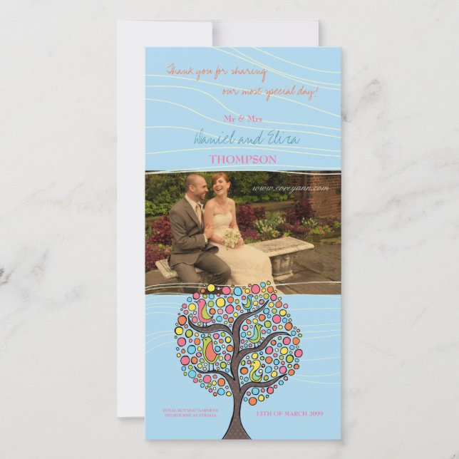 Bright Rainbow Bird Tree Blue Thank You Photo Card (Front)