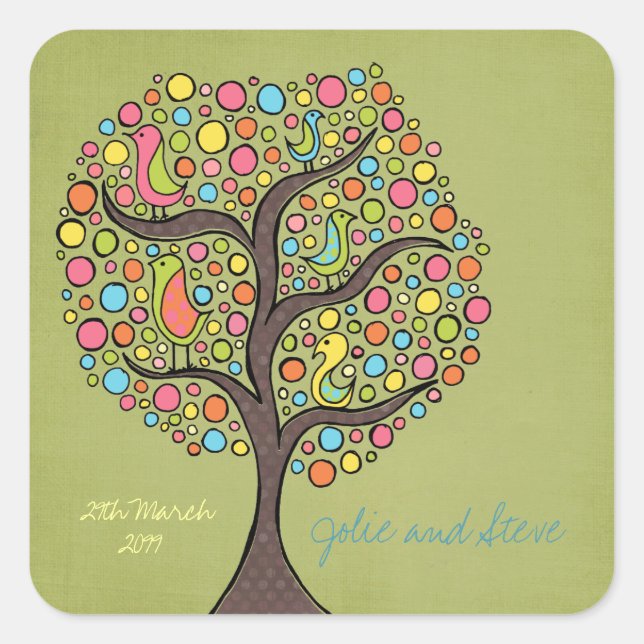 Bright Rainbow Bird Tree Custom Wedding Sticker (Front)