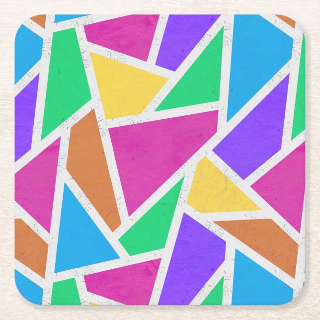 Bright rainbow colors mosaic square paper coaster (Front)