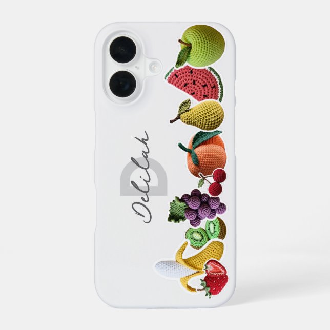 Bright Rainbow Crochet Fruit Collage Monogram  iPhone 16 Case (Back)