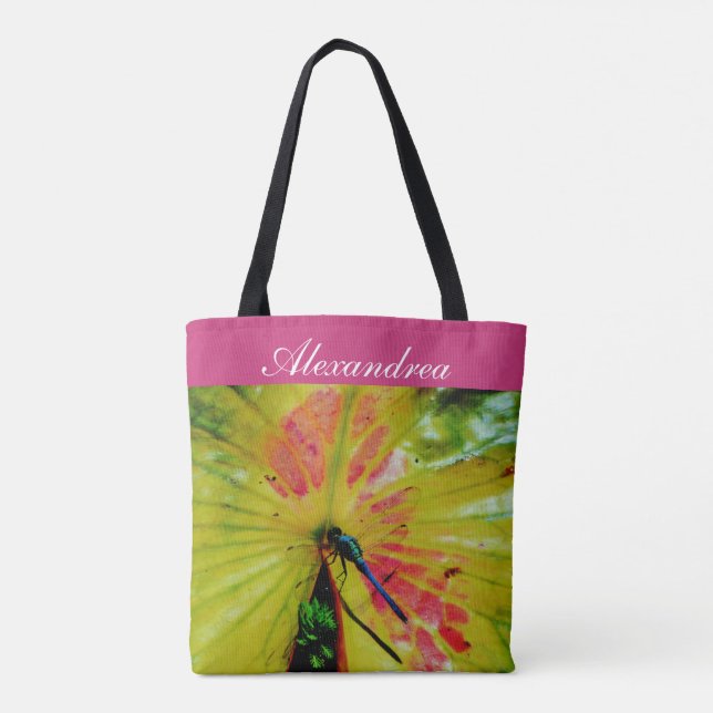 Bright Rainbow Dragonfly pink lily pad  w/ Name Tote Bag (Back)