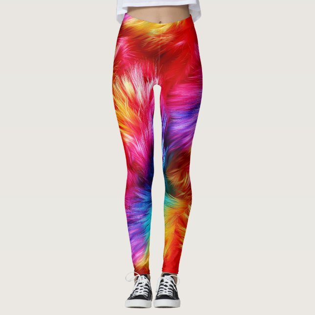Bright Rainbow faux monster fur texture Leggings (Front)