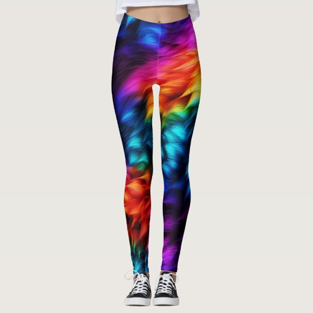 Bright Rainbow faux monster fur texture Leggings (Front)