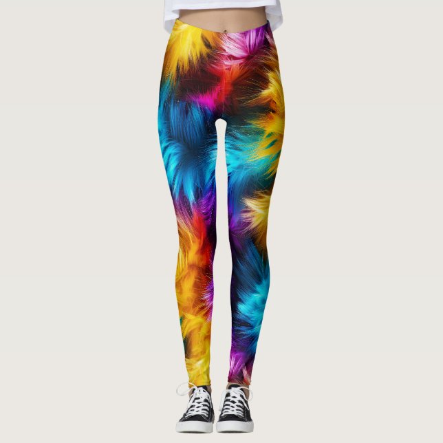 Bright Rainbow faux monster fur texture Leggings (Front)