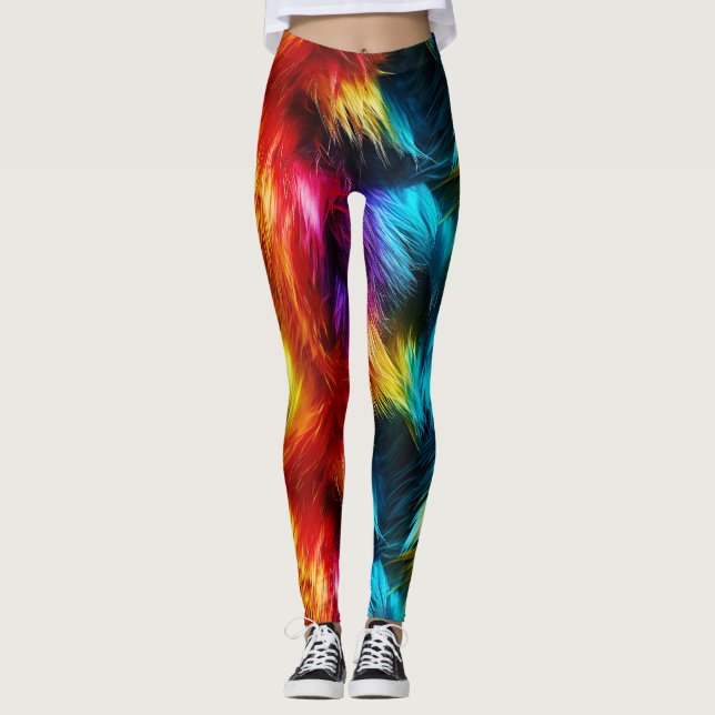 Bright Rainbow faux monster fur texture Leggings (Front)