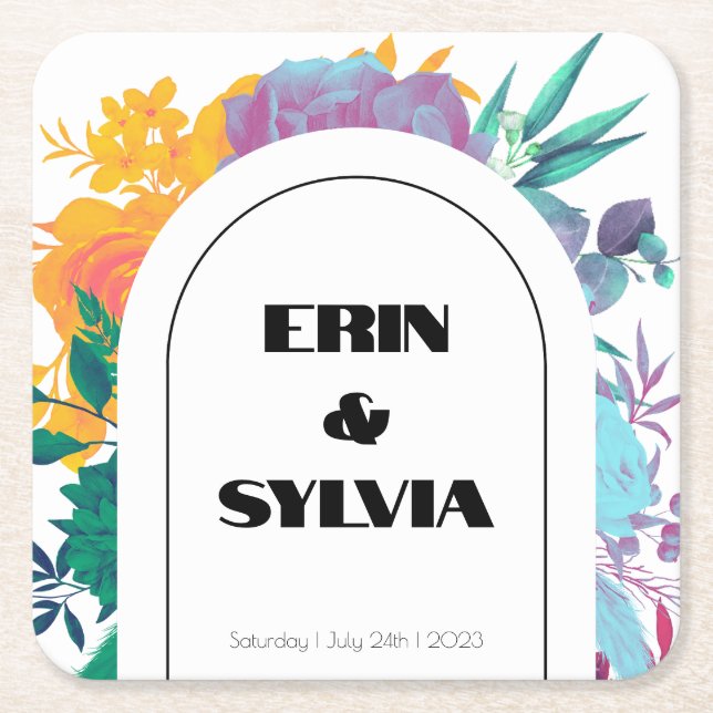 Bright Rainbow Floral Wedding Square Paper Coaster (Front)