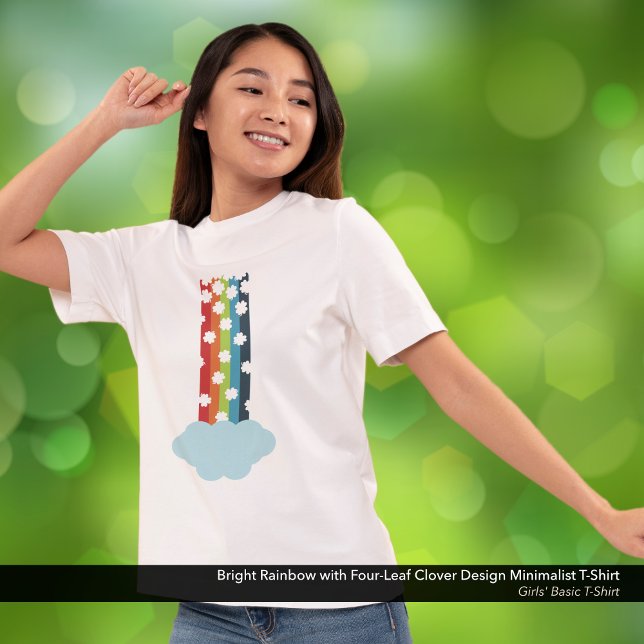 Bright Rainbow Four-Leaf Clover Minimalist T-Shirt (Girls' T-Shirt with a Bright Rainbow and Four-Leaf Clovers Minimalist Design.)