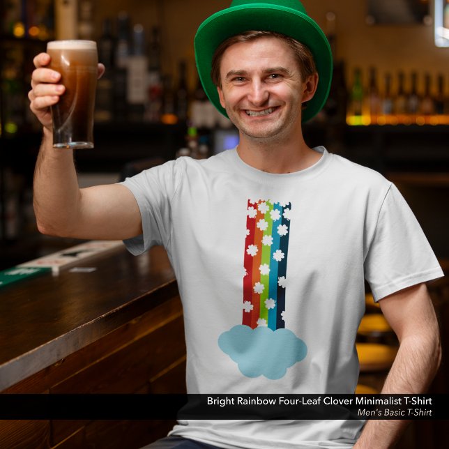 Bright Rainbow Four-Leaf Clover Minimalist T-Shirt (St. Patrick's Day T-Shirt with a Minimalist Rainbow and Four-Leaf Clover Design.)