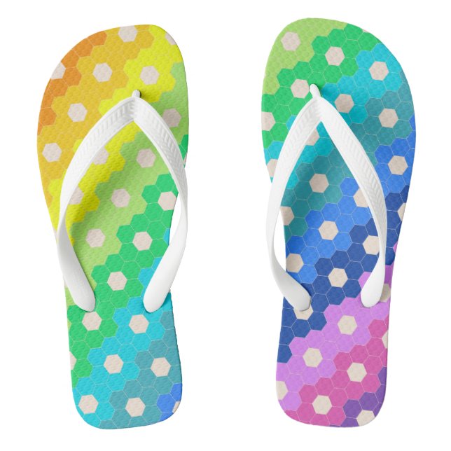Bright Rainbow Geometric Hexagon Flower Pattern Flip Flops (Footbed)