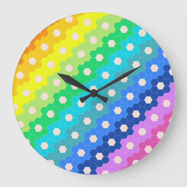 Bright Rainbow Geometric Hexagon Flower Pattern Large Clock (Front)