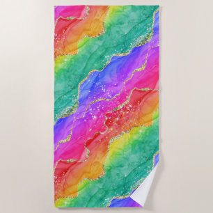 Bright Rainbow & Gold Faux Glitter Agate Beach Towel