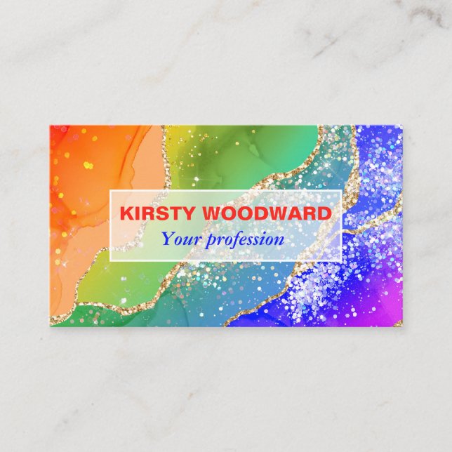 Bright Rainbow & Gold Faux Glitter Agate Business Card (Front)