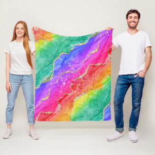 Bright Rainbow & Gold Faux Glitter Agate Fleece Blanket