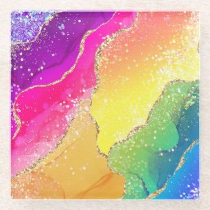Bright Rainbow & Gold Faux Glitter Agate Glass Coaster