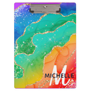 Bright Rainbow & Gold Faux Glitter Agate Monogram Clipboard
