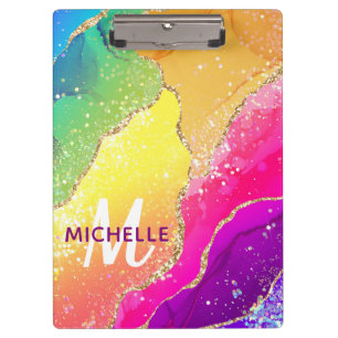 Bright Rainbow & Gold Faux Glitter Agate Monogram Clipboard