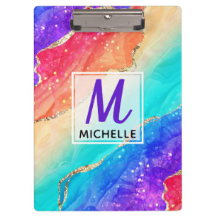 Bright Rainbow & Gold Faux Glitter Agate Monogram Clipboard