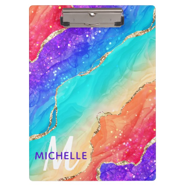 Bright Rainbow & Gold Faux Glitter Agate Monogram Clipboard (Front)