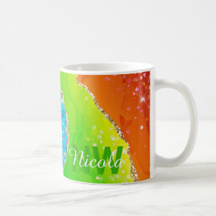Bright Rainbow & Gold Faux Glitter Agate Monogram Coffee Mug