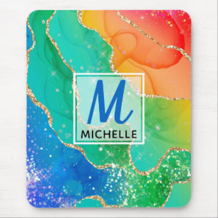 Bright Rainbow & Gold Faux Glitter Agate Monogram Mouse Mat