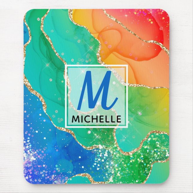 Bright Rainbow & Gold Faux Glitter Agate Monogram Mouse Mat (Front)
