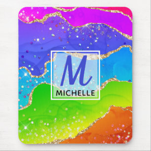 Bright Rainbow & Gold Faux Glitter Agate Monogram Mouse Mat