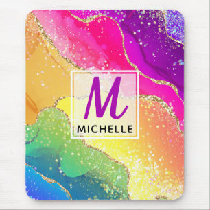 Bright Rainbow & Gold Faux Glitter Agate Monogram Mouse Mat