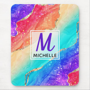 Bright Rainbow & Gold Faux Glitter Agate Monogram Mouse Mat