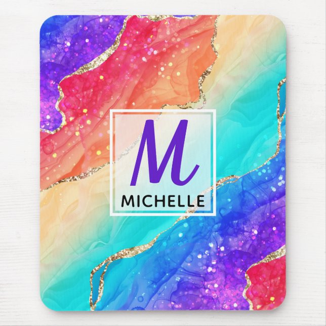 Bright Rainbow & Gold Faux Glitter Agate Monogram  Mouse Mat (Front)