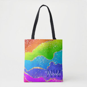 Bright Rainbow & Gold Faux Glitter Agate Monogram Tote Bag
