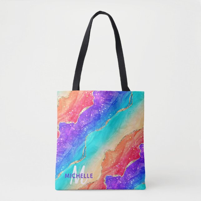 Bright Rainbow & Gold Faux Glitter Agate Monogram Tote Bag (Front)
